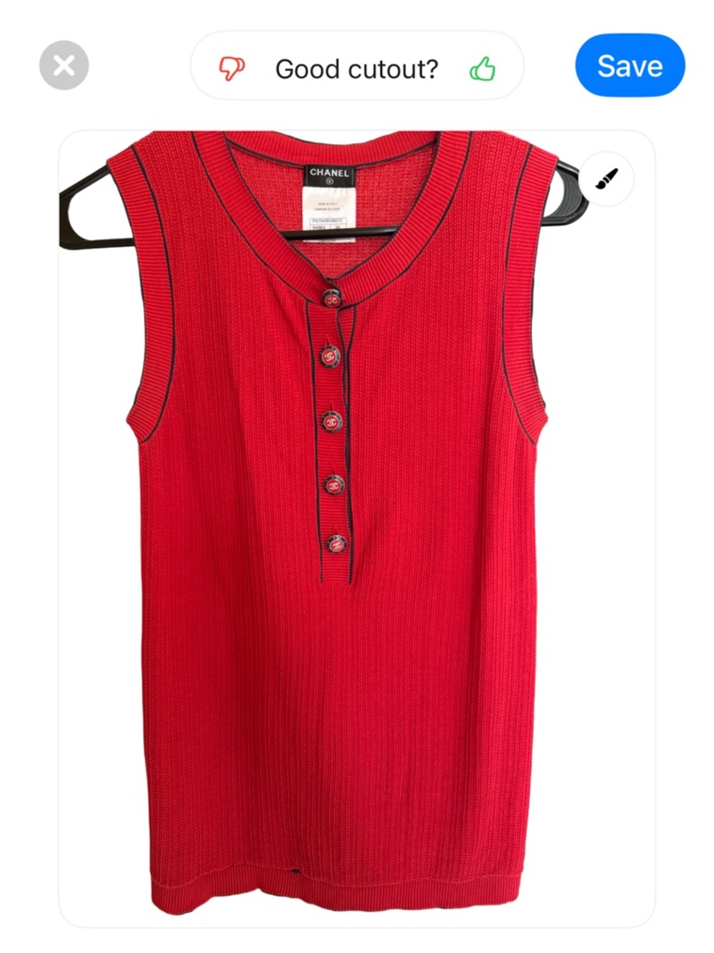CHANEL Red Sleeveless Knit Top with Coco Mark Buttons